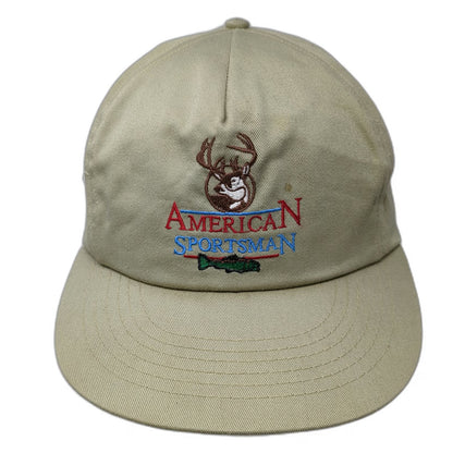 American Sportsman 5 Panel Hat Beige Snapback Buck Bass Made in USA Vintage