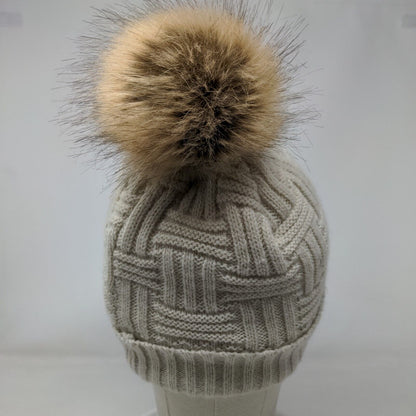 Britt's Knits Beanie Hat Cream One Size Hand Knitted Faux Fur Pom Pom