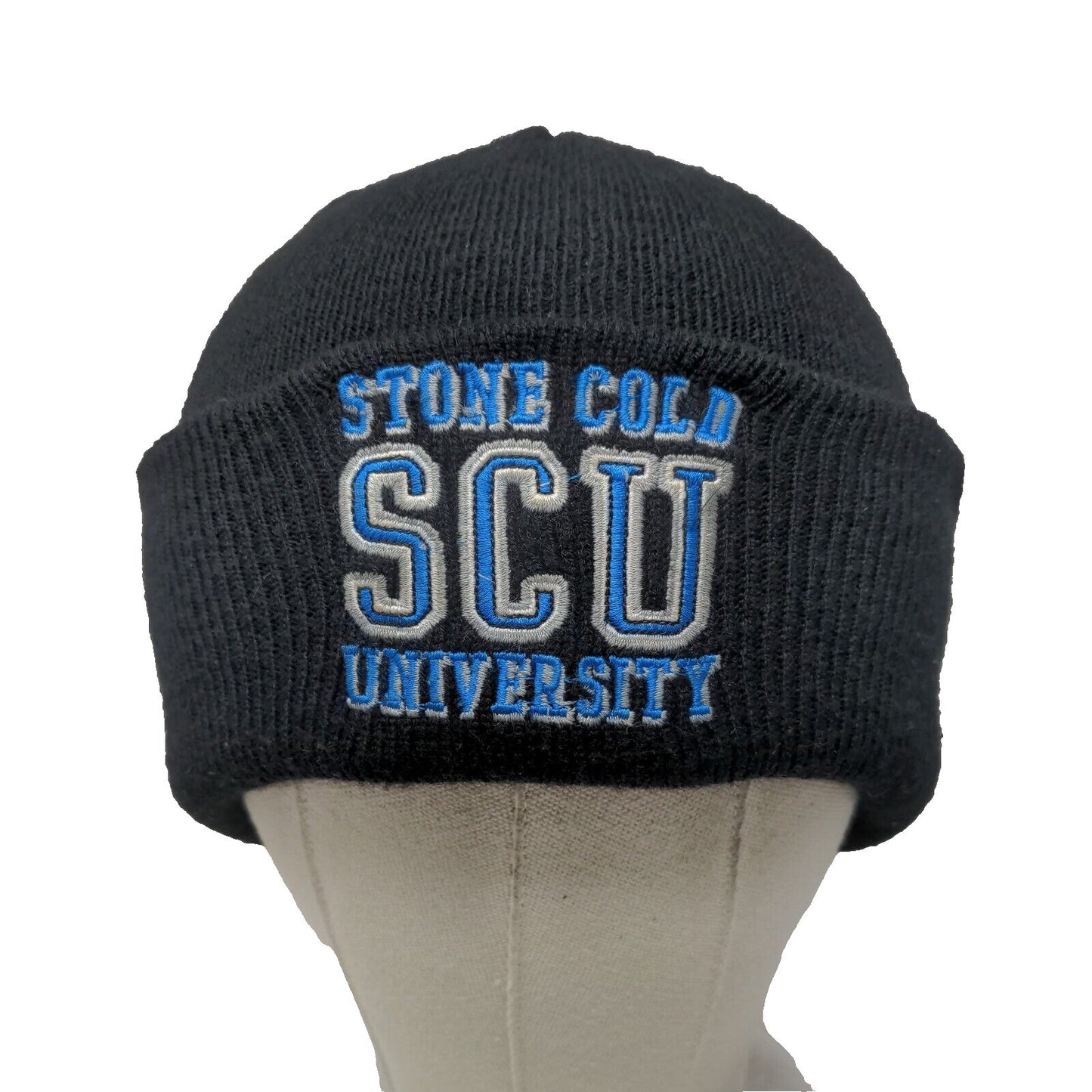 Stone Cold SCU University Beanie Hat Black OSFM Knitted Stretch Embroidered WWE