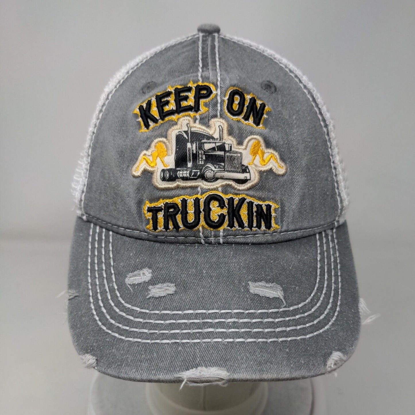 Keep On Truckin Snapback Trucker Hat Gray OSFM Mesh Back Distressed Wild Wear