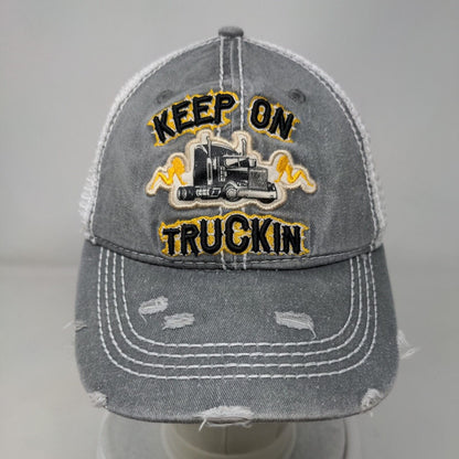 Keep On Truckin Snapback Trucker Hat Gray OSFM Mesh Back Distressed Wild Wear