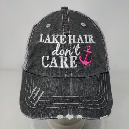 Lake Hair Don't Care Strapback Trucker Hat Gray OSFA Mesh Back Distressed