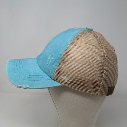 C.C. Exclusives Women's Strapback Mesh Back Hat Blue Ponytail Hole Cotton Blend