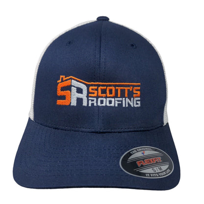 Scott's Roofing Fitted Trucker Hat Blue S/M Flex Fit Mesh Back