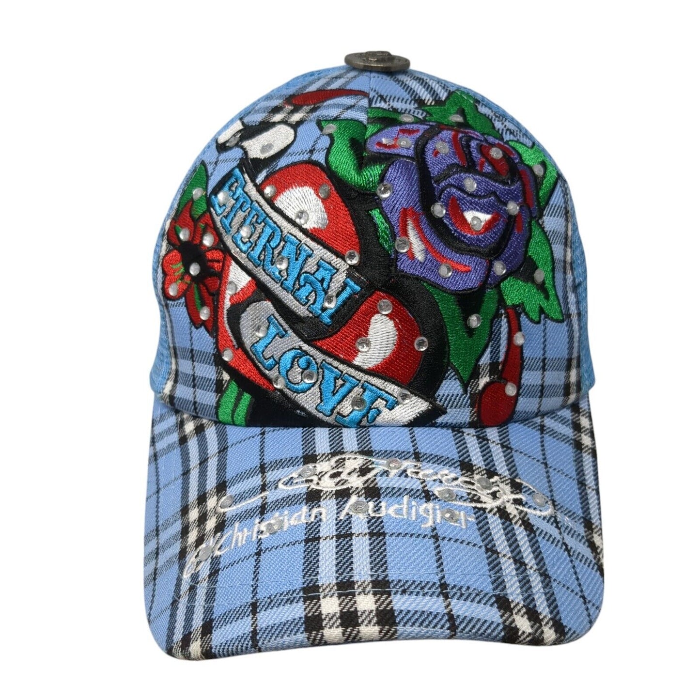 Ed Hardy Christian Audigier Snapback Mesh Back Hat Rhinestones Embroidered Love