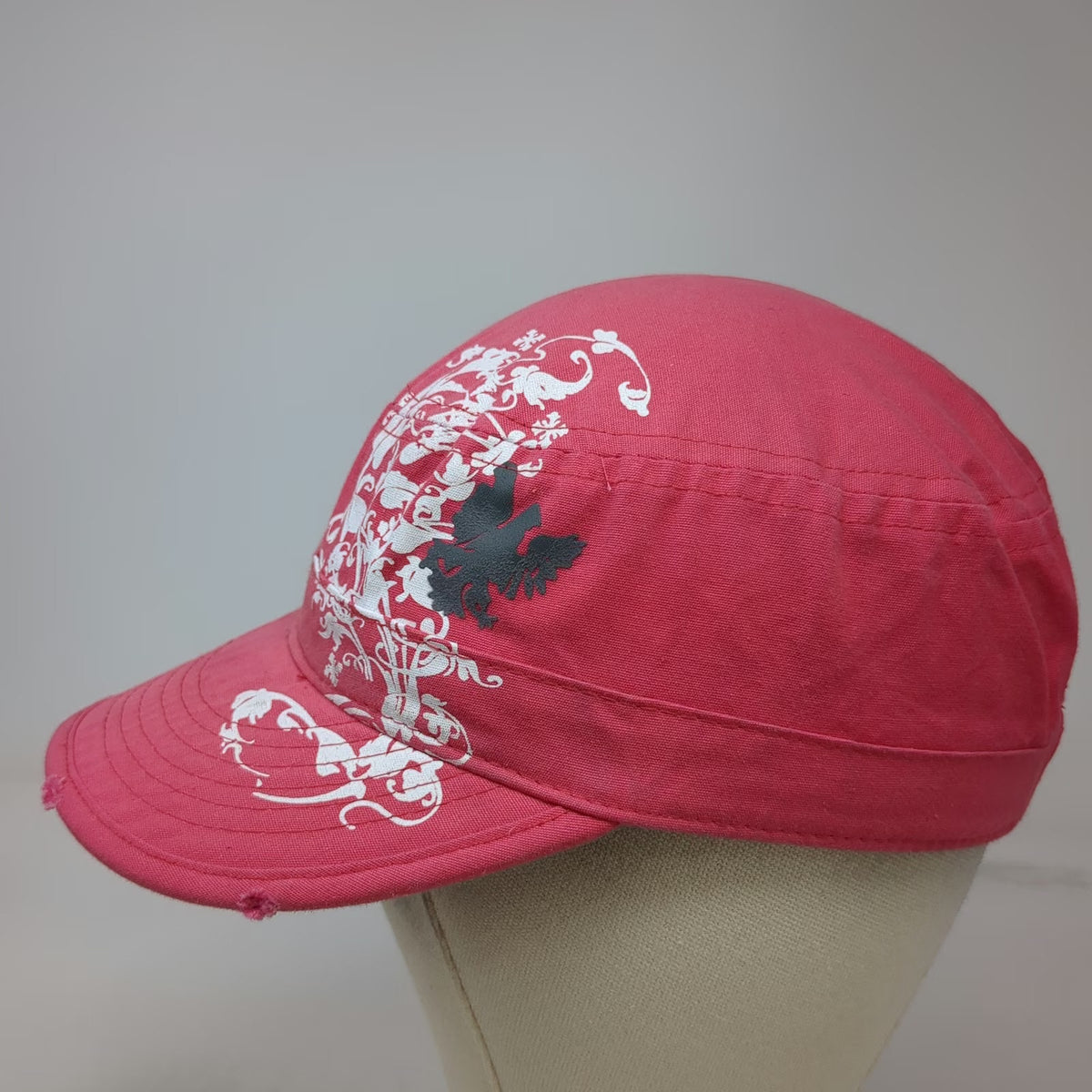 Army Cap Hat Pink One Size Graphic Scrollwork Cadet Design Cotton Bird Print