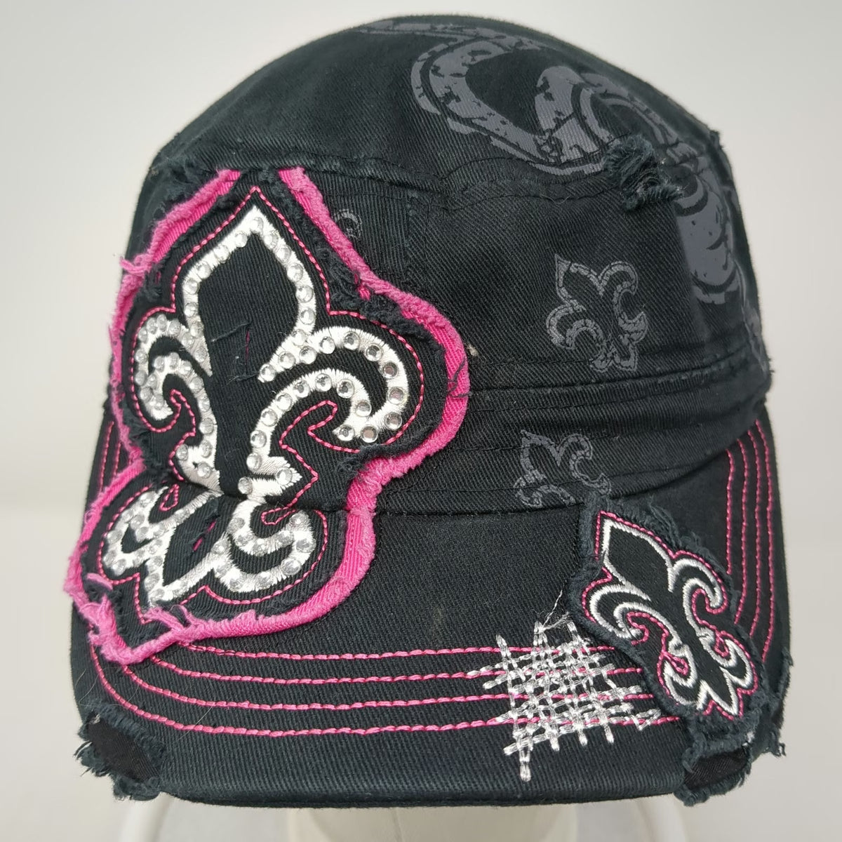 RainBow Army Cap Black OSFM Fleur De Lis Rhinestone Distressed Pink Stitch Hat