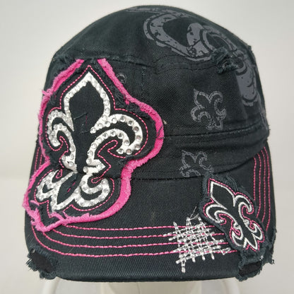 RainBow Army Cap Black OSFM Fleur De Lis Rhinestone Distressed Pink Stitch Hat
