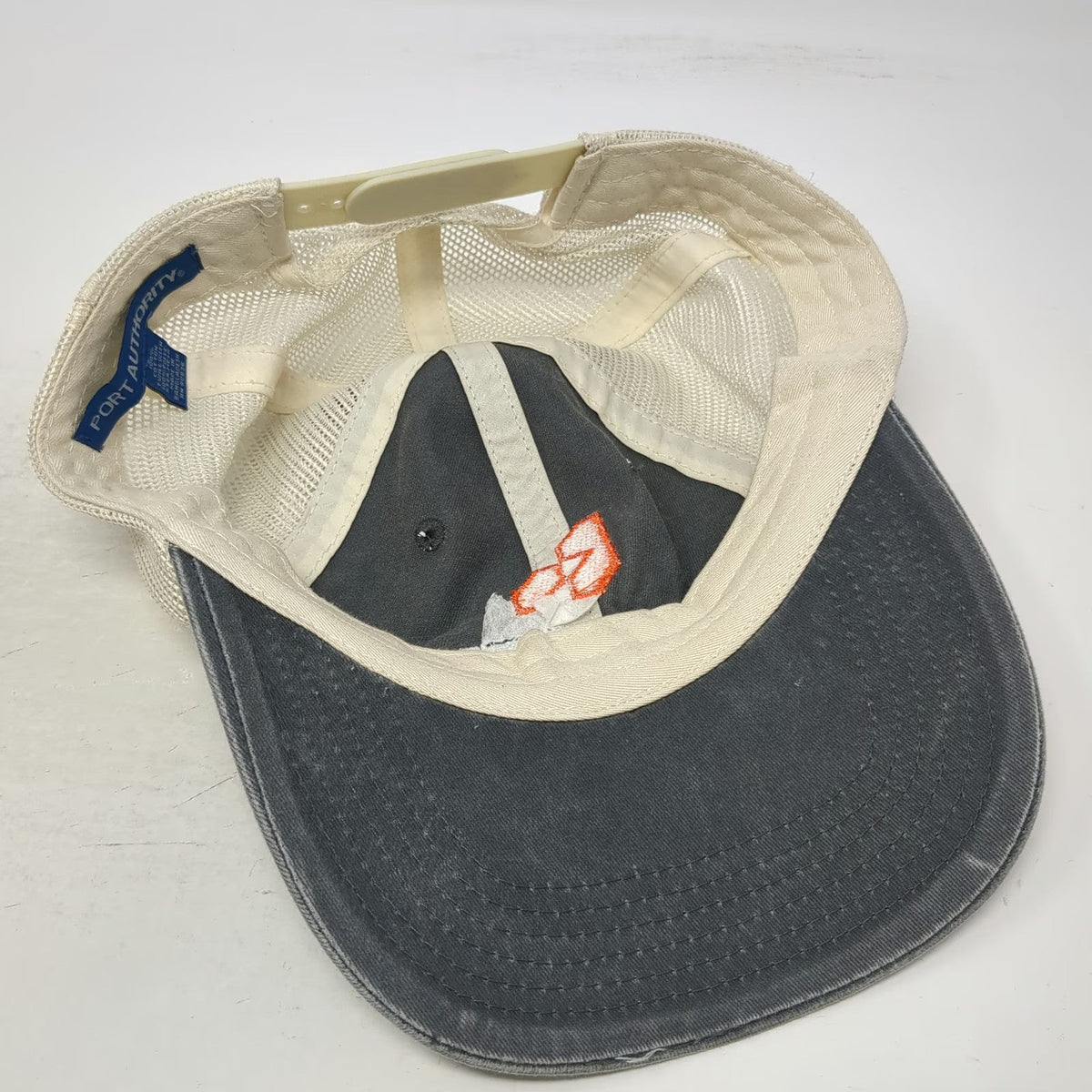 Port Authority Trucker Hat Gray OSFM Mesh Back LAZER Orange Logo Snapback Cap