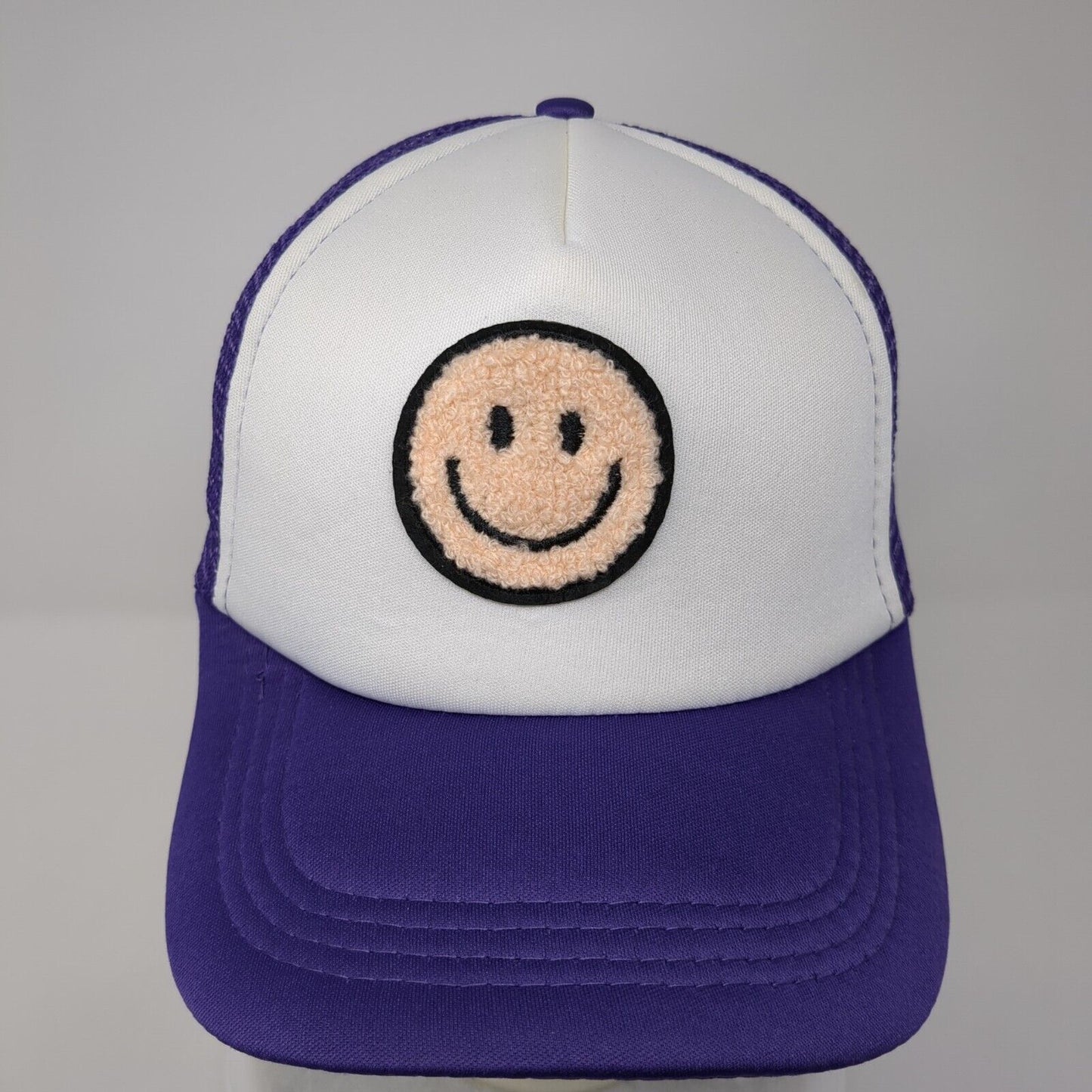 Smiley Face Snapback Mesh Back Trucker Hat Purple One Size Colorblock