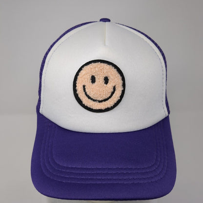 Smiley Face Snapback Mesh Back Trucker Hat Purple One Size Colorblock