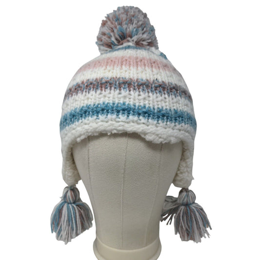 Unbranded Women's Knit Beanie Hat Multicolor Striped Size OS Pom Pom Ear Flaps