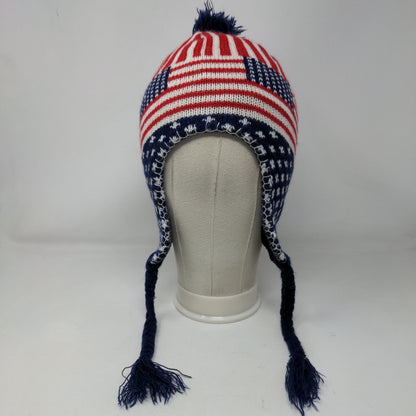 Armycrew USA Flag Beanie Hat Multicolor OS Ear Flap Pom Pom Patriotic Braided