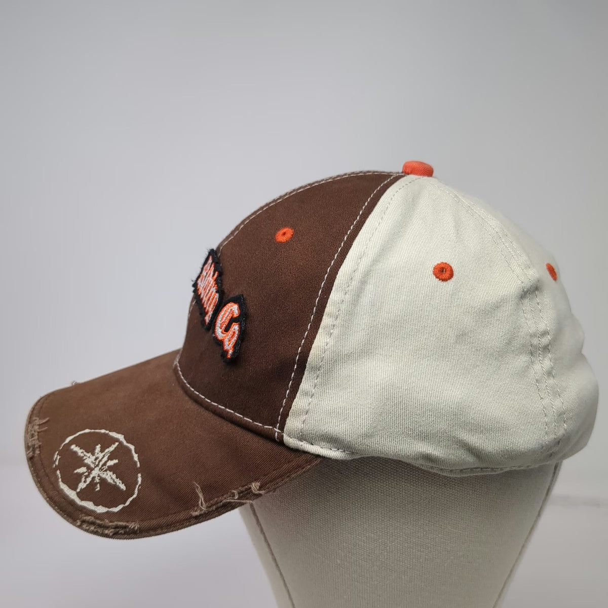Polaris Baseball Cap Brown Beige Orange S/M Riding Co Distressed Stretch Fit Hat