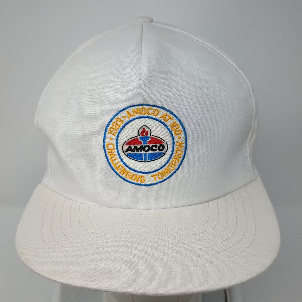 Amoco at 100 Challenging Tomorrow 1989 Trucker Snapback Hat White Yellow Vintage