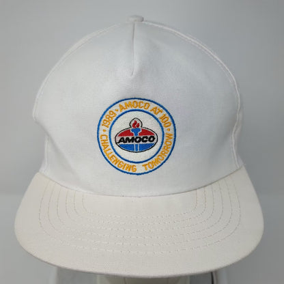 Amoco at 100 Challenging Tomorrow 1989 Trucker Snapback Hat White Yellow Vintage