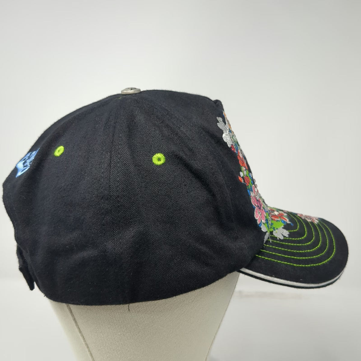 Jolly Roger 5 Panel Black Hat One Size Peace Sign Floral Embroidery Rhinestone