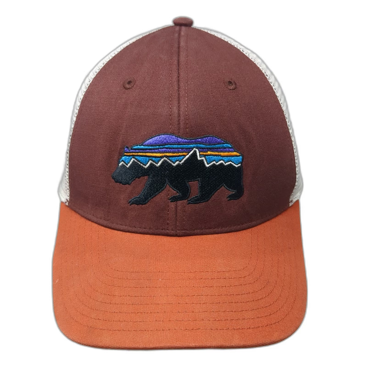 Patagonia Trucker Hat Brown Orange White OSFM Mesh Back Bear Mountain Snapback