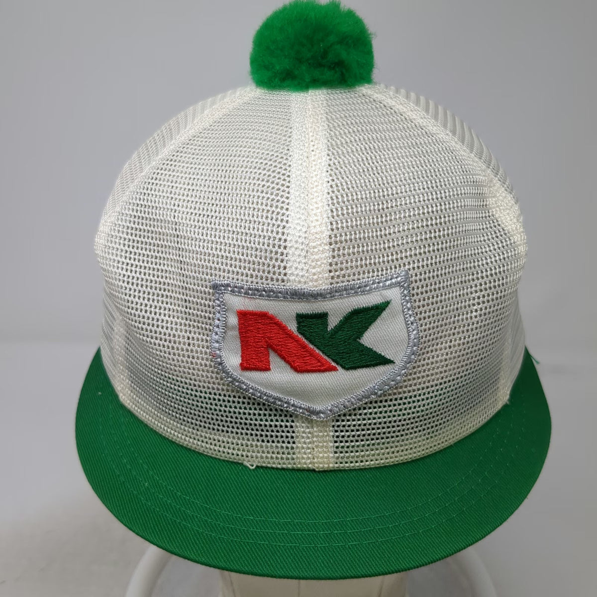 HNK Trucker Hat White Green Pom Pom NK Shield Logo Mesh Snapback Farm Vintage