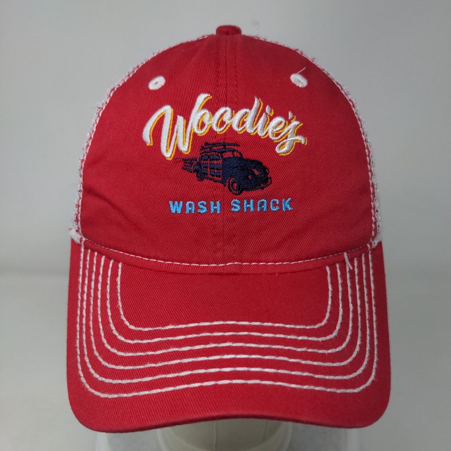 Woodies Wash Shack Strapback Trucker Hat Red OSFA Adjustable Mesh Back Paramount