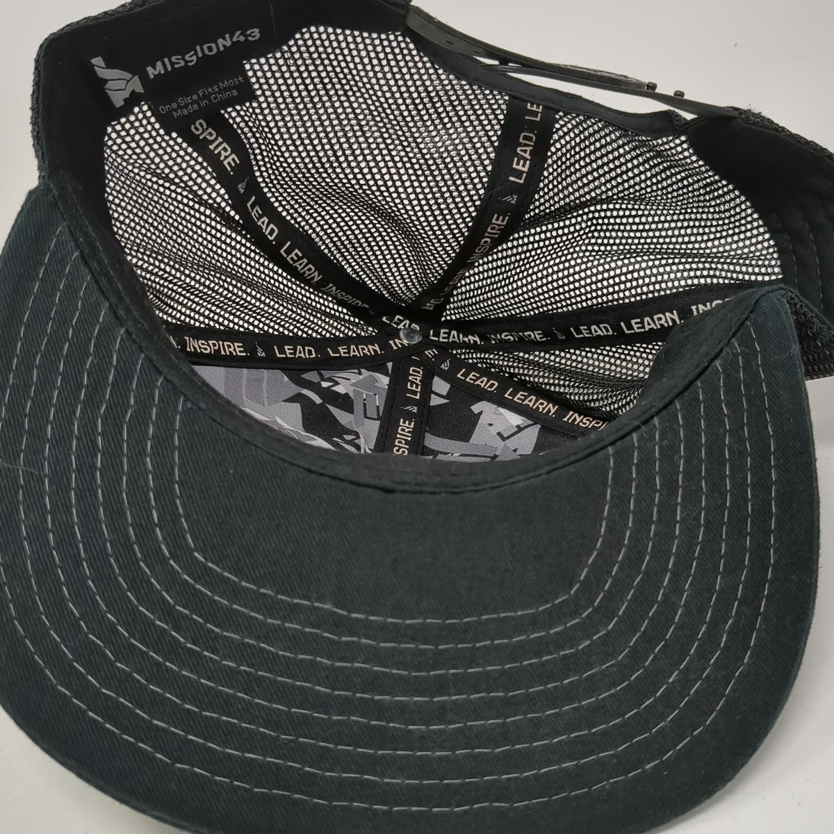 MISSION43 Trucker Hat Black One Size Snapback Mesh Flat Brim Logo Patch Lead