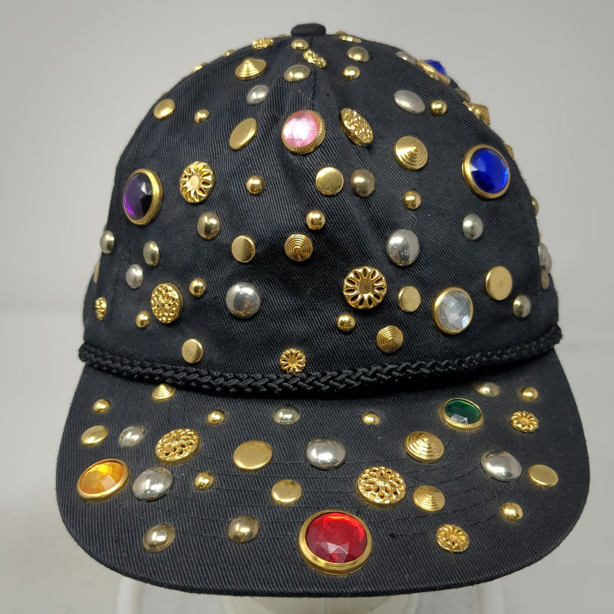 Black 5 Panel One Size Hat Rhinestone Studded Gem Beaded Snapback Bling Sparkle