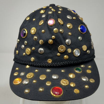 Black 5 Panel One Size Hat Rhinestone Studded Gem Beaded Snapback Bling Sparkle