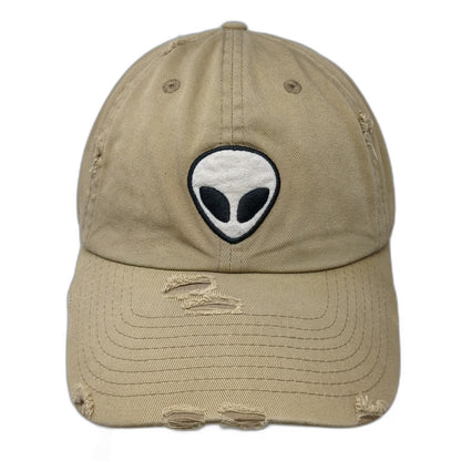 KBETHOS Baseball Cap Beige One Size Alien Patch Distressed Cotton Slideback Hat