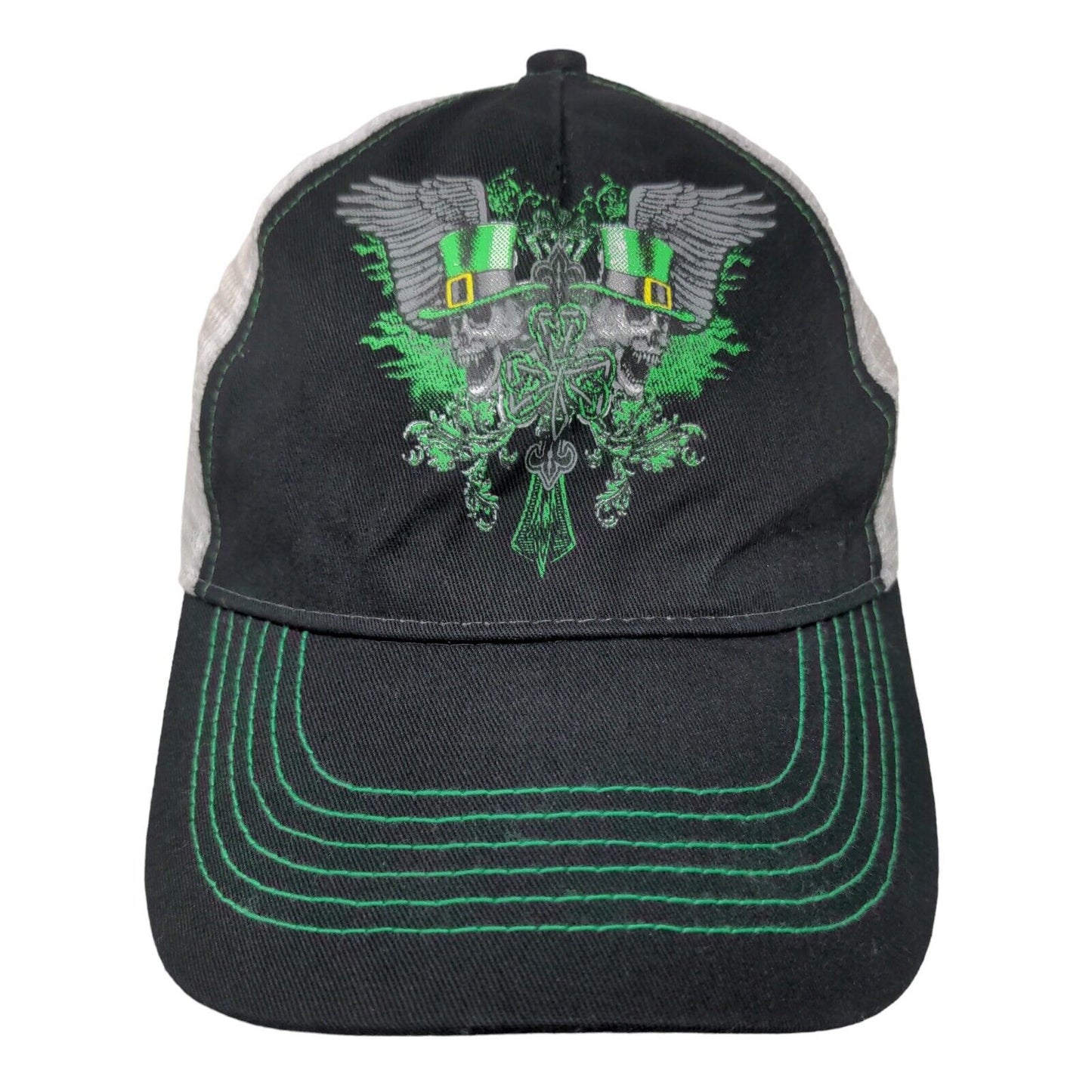St. Patrick's Day Skull Wings Strapback Mesh Back Trucker Hat Black OSFM