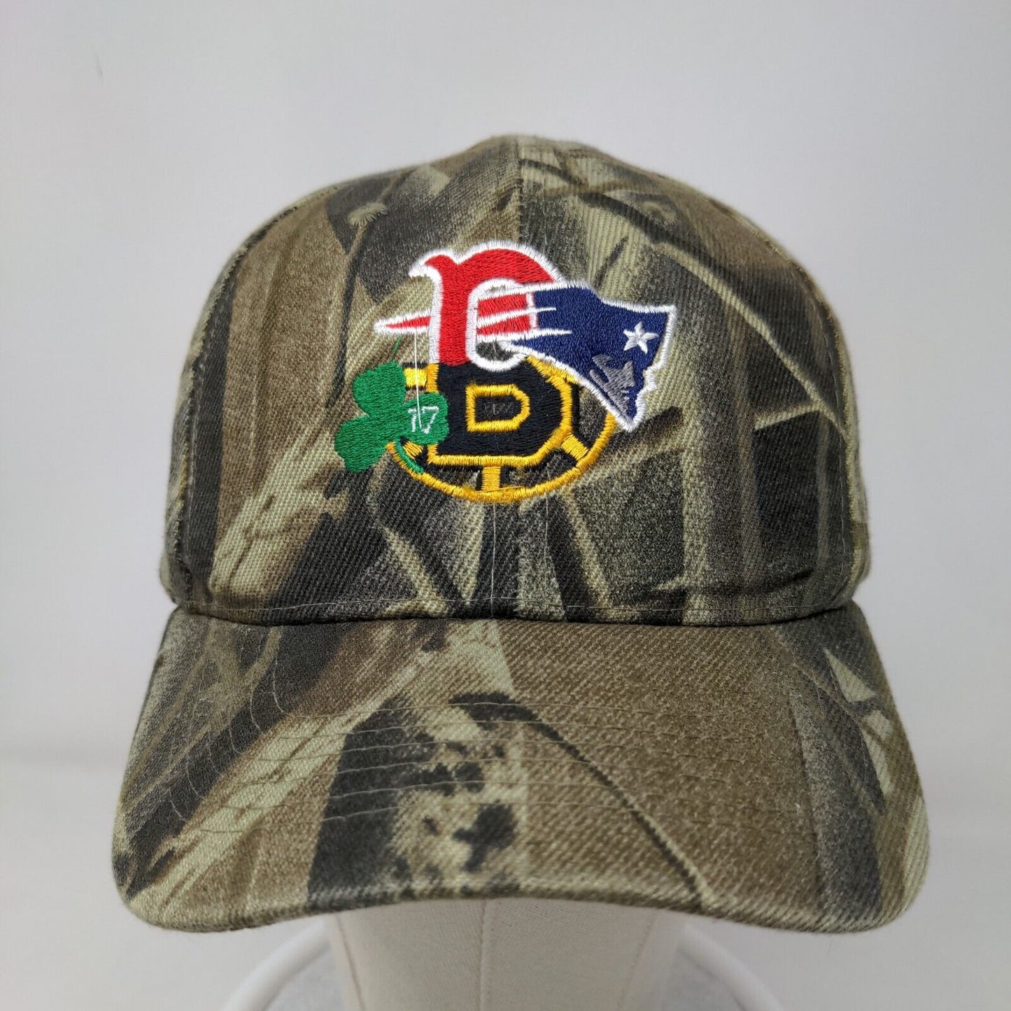 New England Sports Men's Camo Hat Patriots, Boston Celtics, Boston Bruins Logos