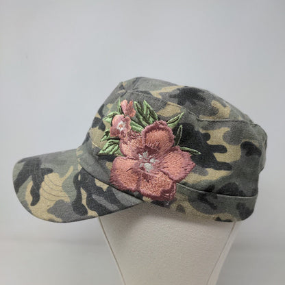 Quagga Women's Military Cadet Cap Green Camo Embroidered Flower Logo