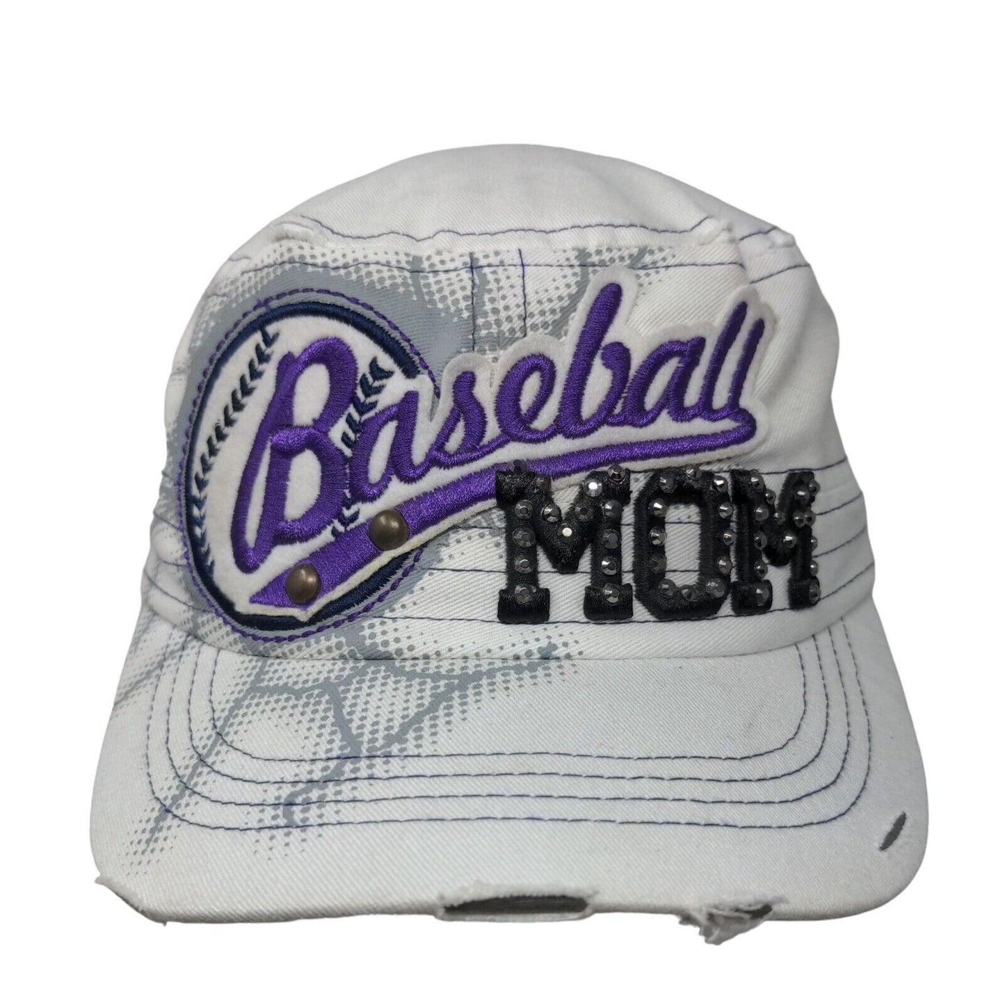 Baseball Mom Slideback Army Cap White One Size Distressed Studded Leader