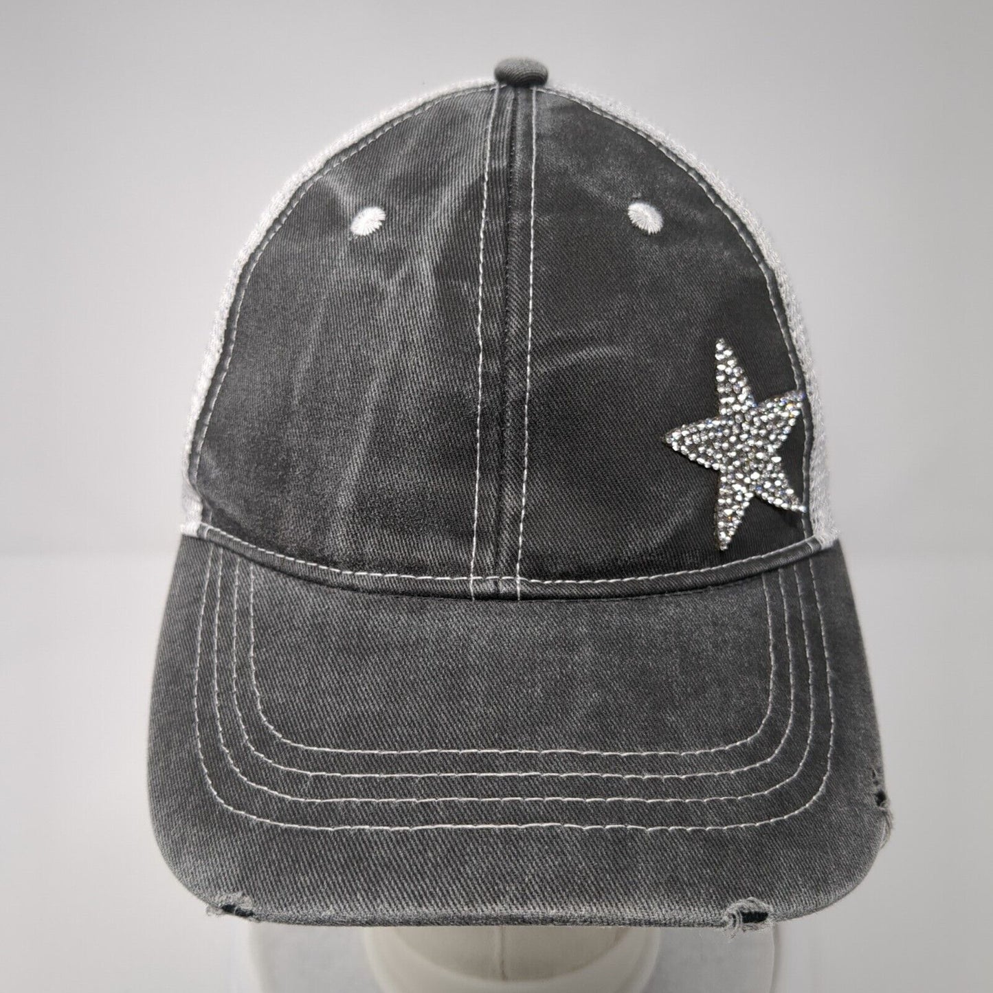 Bling Star Strapback Trucker Hat Gray One Size Adjustable Distressed Mesh Back