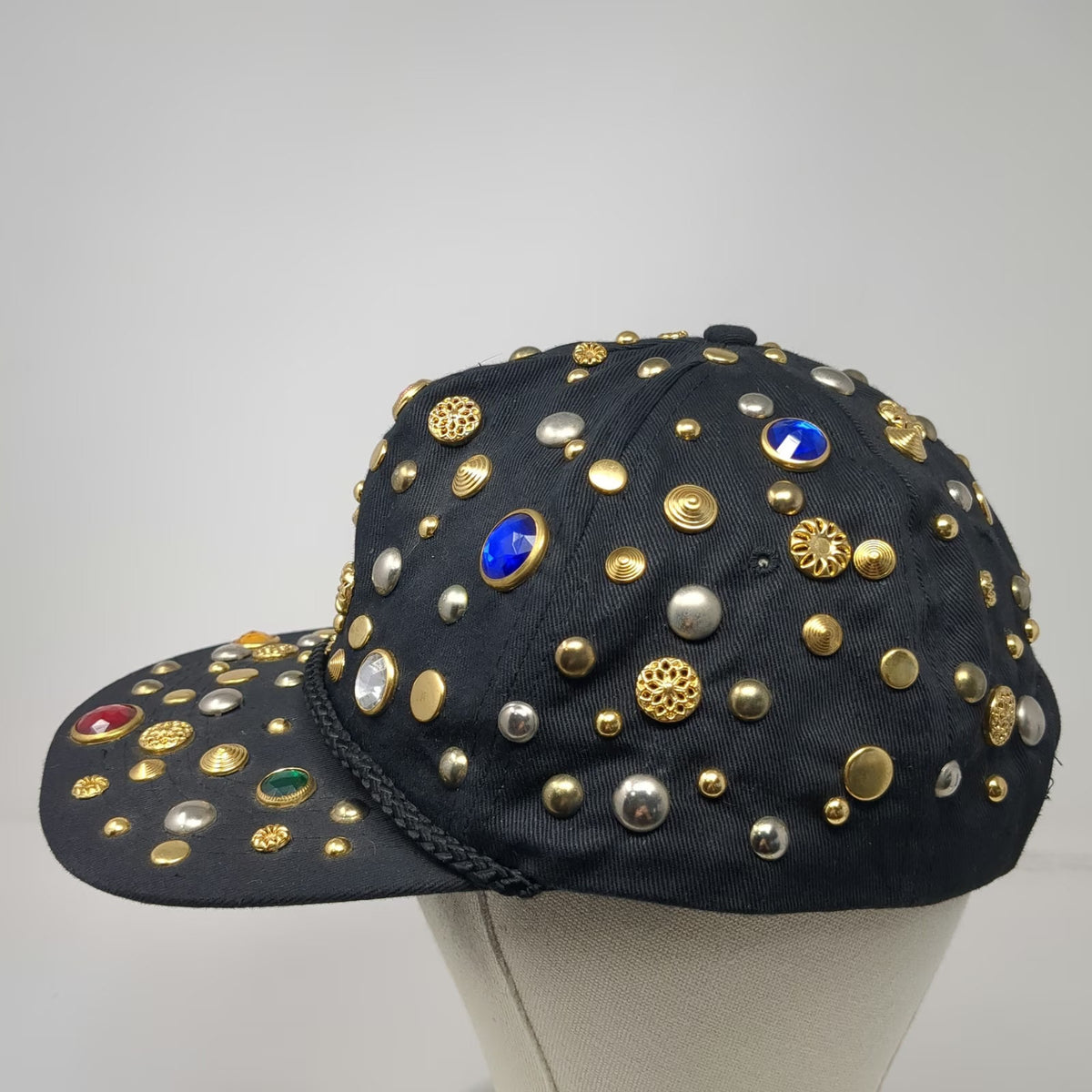 Black 5 Panel One Size Hat Rhinestone Studded Gem Beaded Snapback Bling Sparkle