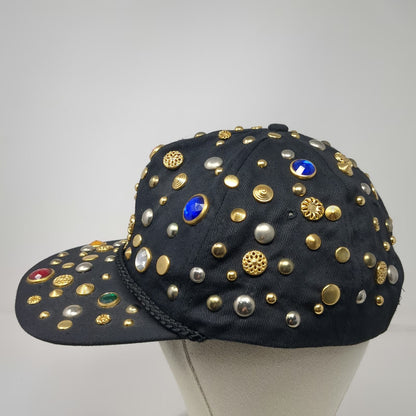 Black 5 Panel One Size Hat Rhinestone Studded Gem Beaded Snapback Bling Sparkle