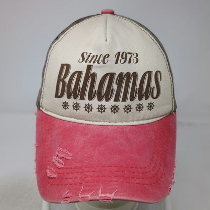 5 Panel Pink Ivory One Size Bahamas Ship Wheel Distressed Cotton Strapback Hat