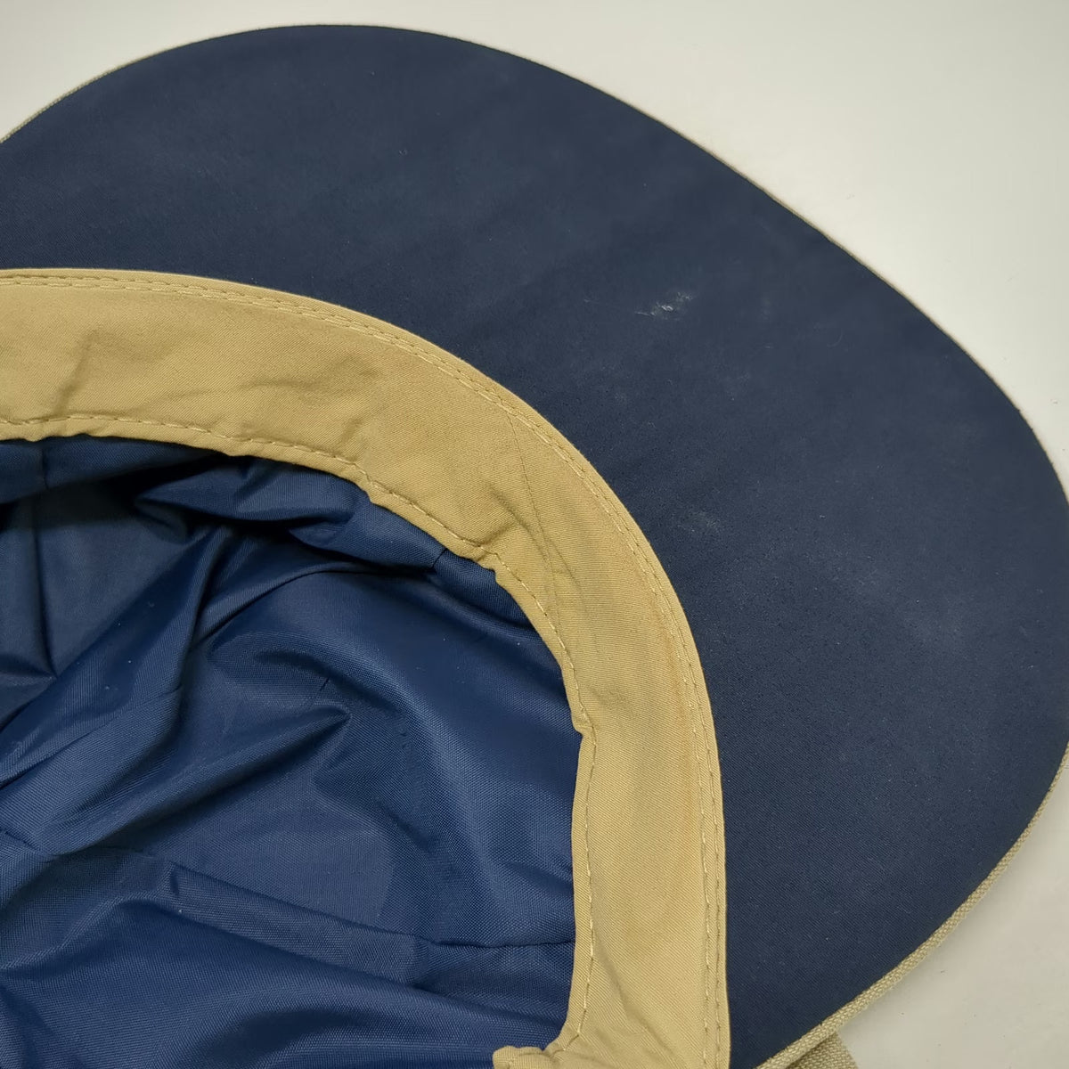 Columbia Baseball Cap Beige Blue L Neck Flap Fitted Made in USA Hat Vintage
