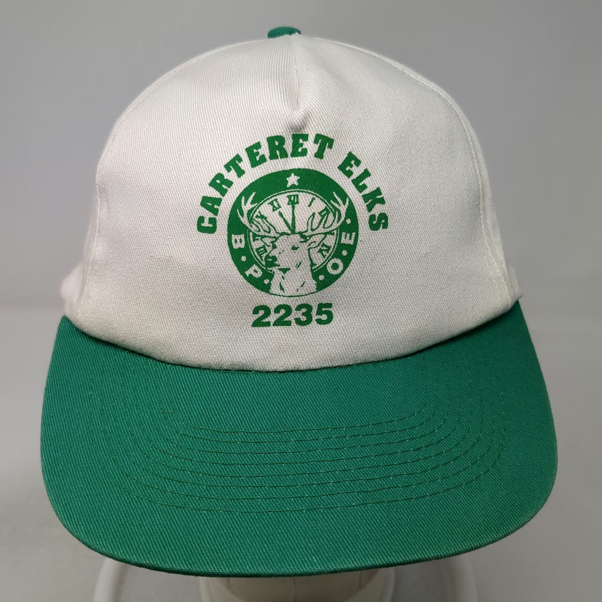 T.I. 5 Panel White Green One Size Snapback Hat Carteret Elks Lodge 2235 BPOE