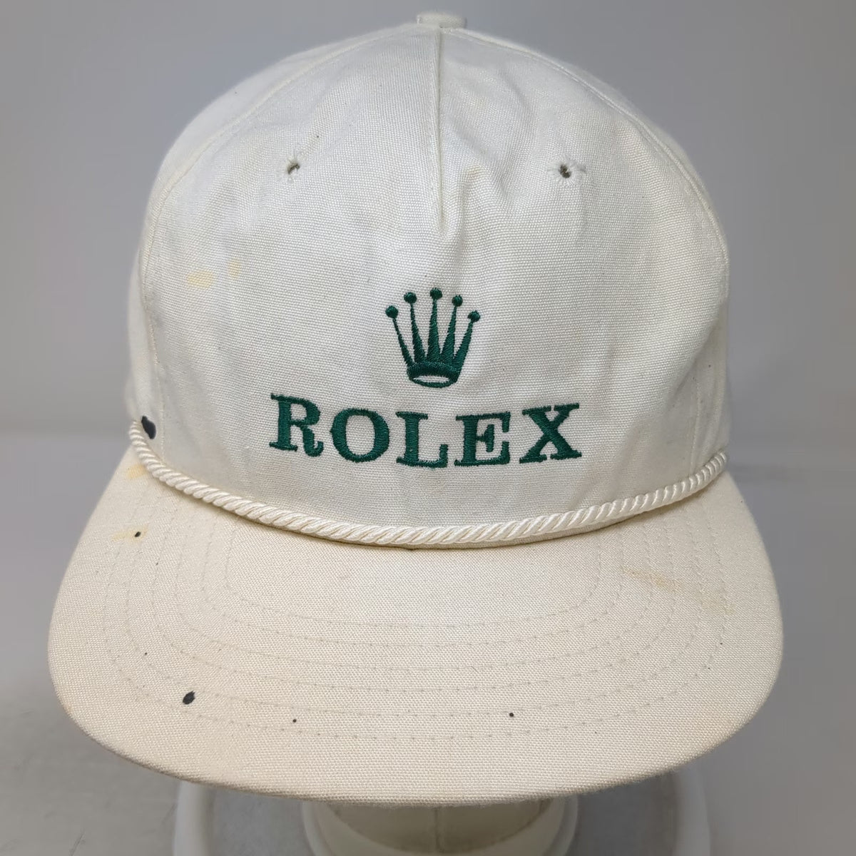Texace Trucker Hat White Rolex Logo Rope Brim Green Underbrim Made USA Vintage
