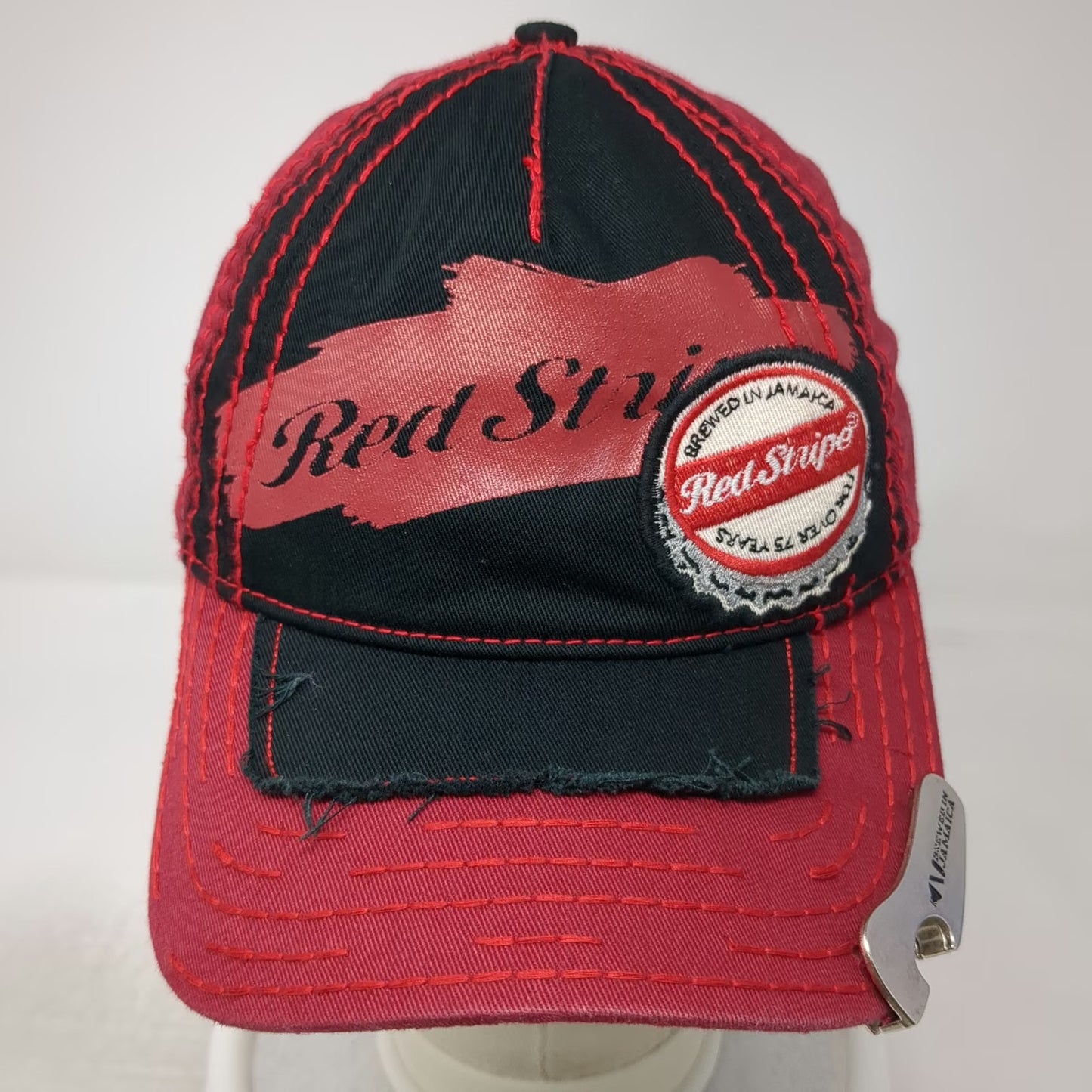 Red Stripe Baseball Cap Red Black One Size Bottle Opener Mesh Jamaica Hat