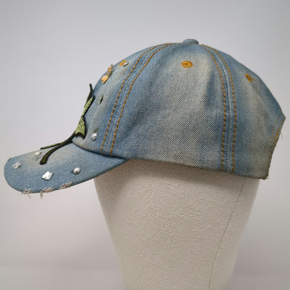Blue Baseball Cap One Size Rose Embroidery Rhinestone Floral Stud Denim Hat