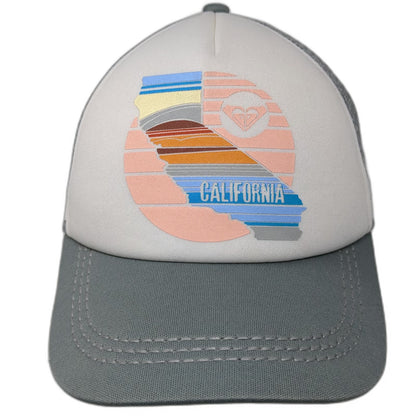 Roxy Trucker Hat Gray White One Size California Sunset Mesh Back Snapback