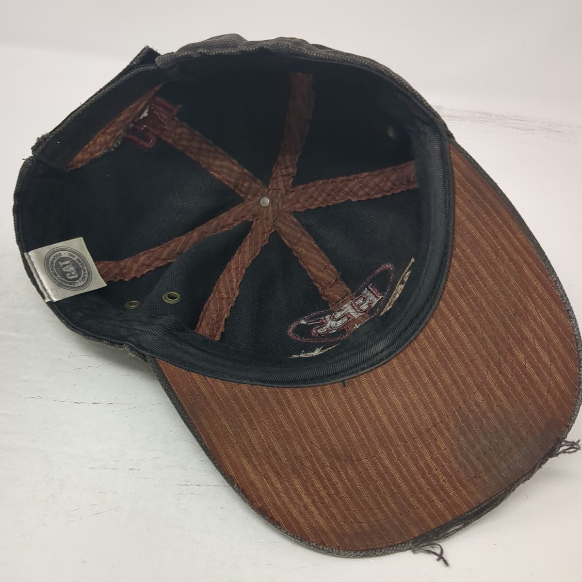 Caterpillar Baseball Cap Black Beige Red One Size Distressed Brim Strapback Hat
