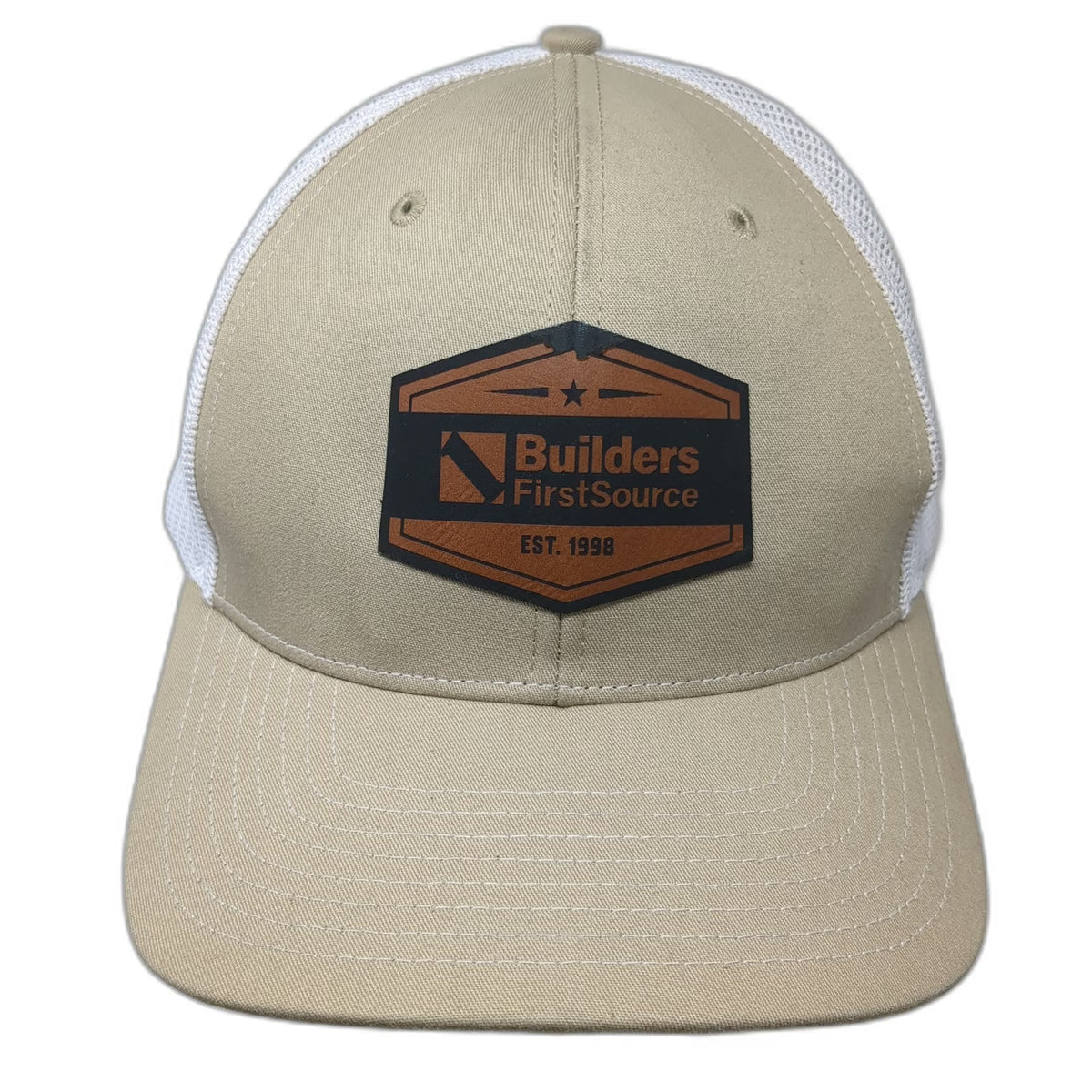 Richardson Trucker Hat Beige One Size Builders FirstSource Leather Patch Mesh