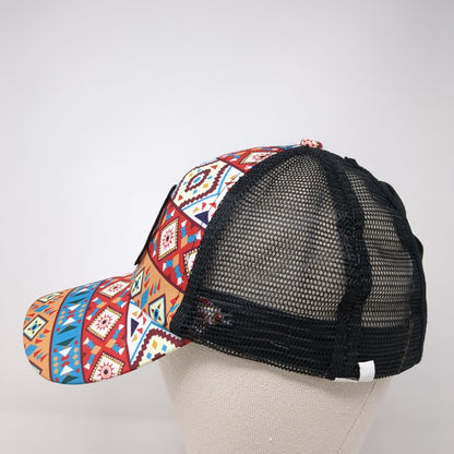Campin Cowgirl Strapback Trucker Hat Ponytail Multi One Size Aztec