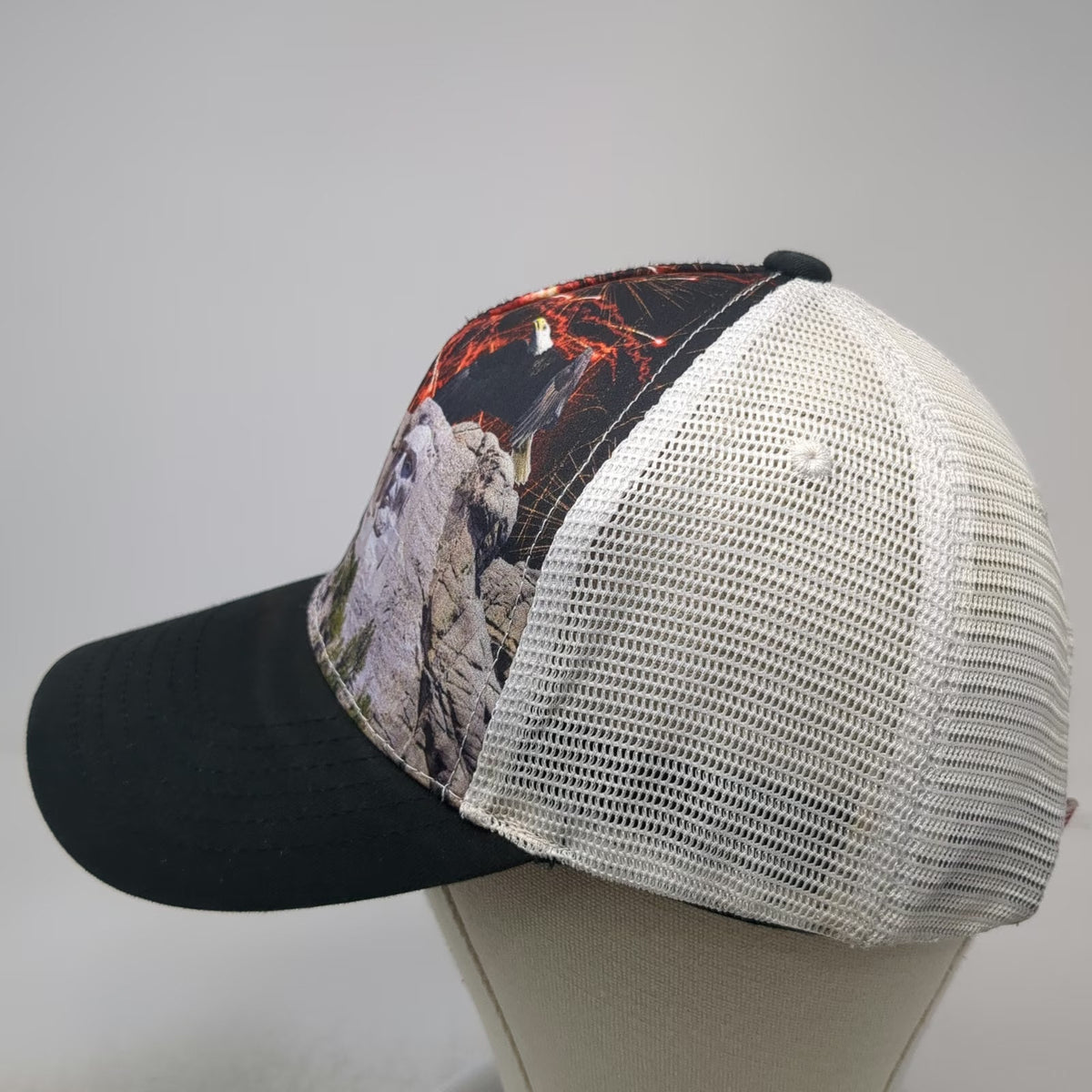 Captivating Headwear Trucker Hat Black White OSFM Mount Rushmore Eagle Patriotic