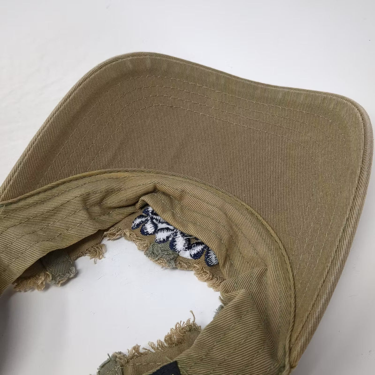 Lucky Brand Visor Hat Brown Blue OS Slideback Distressed Frayed Embroidered