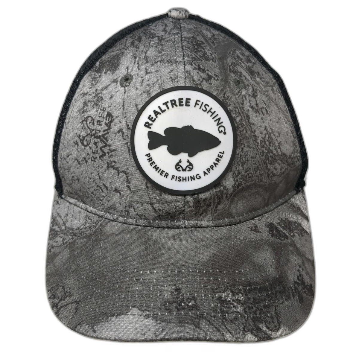 Realtree Baseball Cap Gray Black XL Fitted Mesh Camo Fishing Rubber Patch Hat