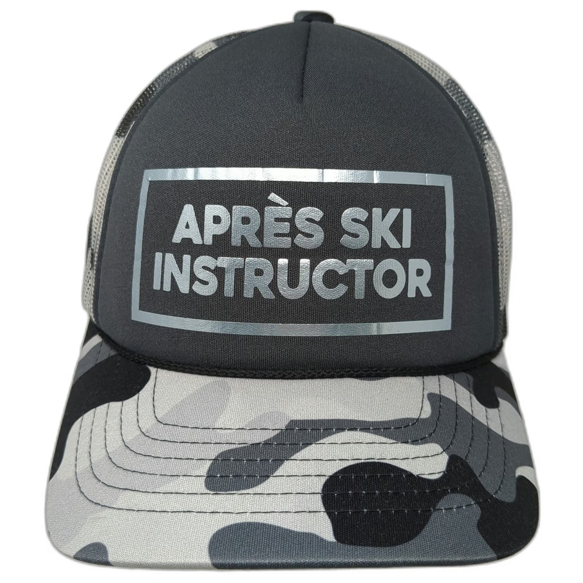 Ski Town All-Stars Trucker Hat One Size Gray Black Camo Après Ski Instructor