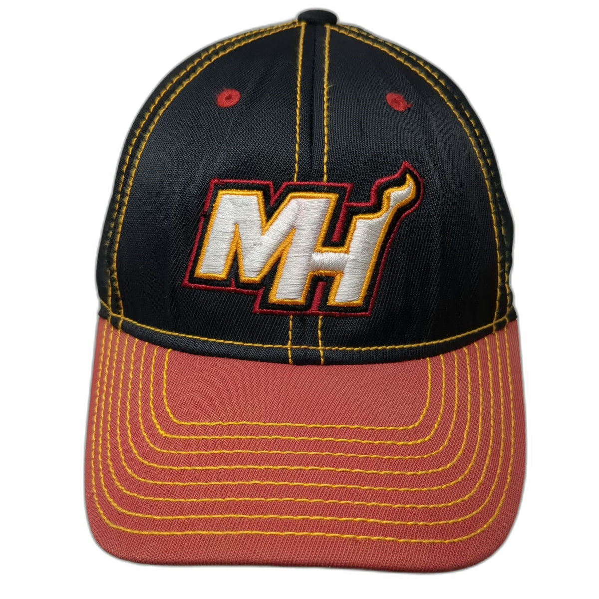 Adidas Miami Heat NBA Black Red Gold Hat Size M Contrast Stitching Stretch Fit